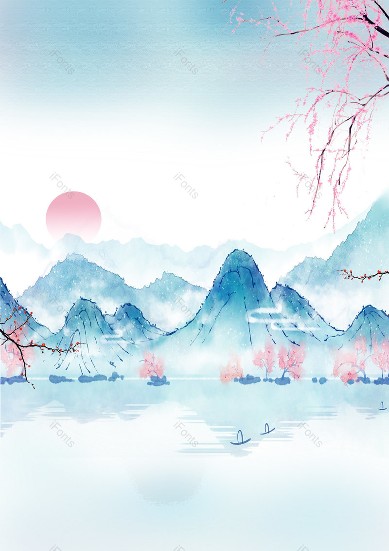 蓝色中国古风山水意境春分海报背景,插画/手绘图,插画/手绘图库,插画/手绘图下载,插画/手绘